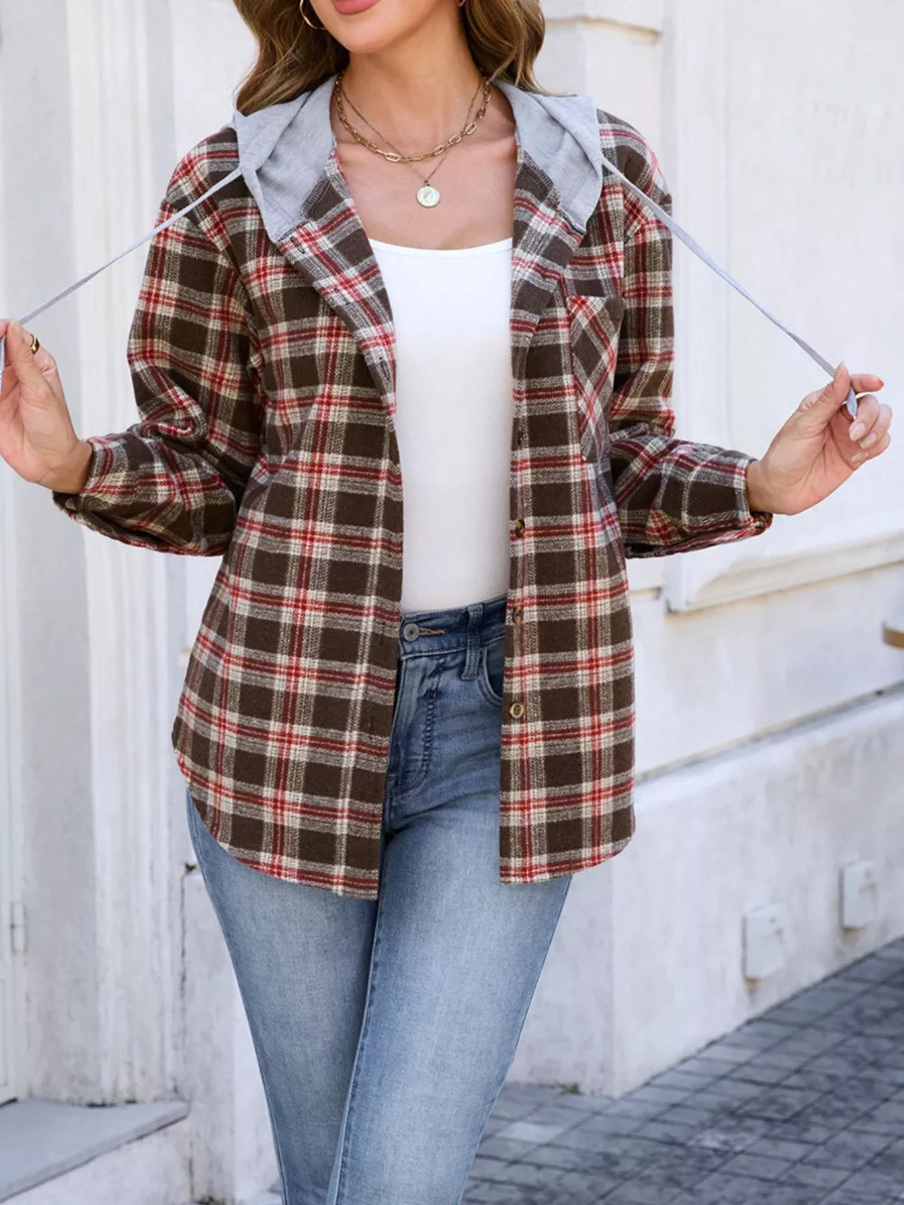 Hooded Plaid Button-Up Shacket, image 11