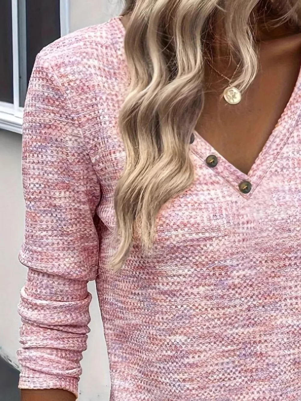 Decor Button V-Neck Long Sleeve Top, image 8