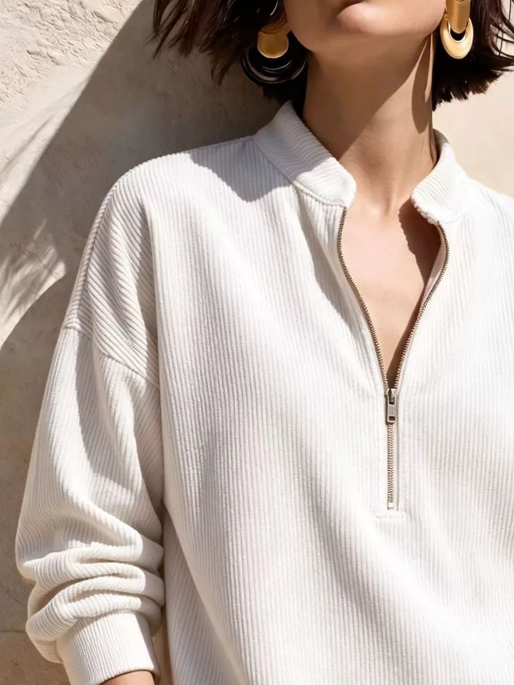 Full Size Half Zip Dropped Shoulder Corduroy Top Plus Size, image 6