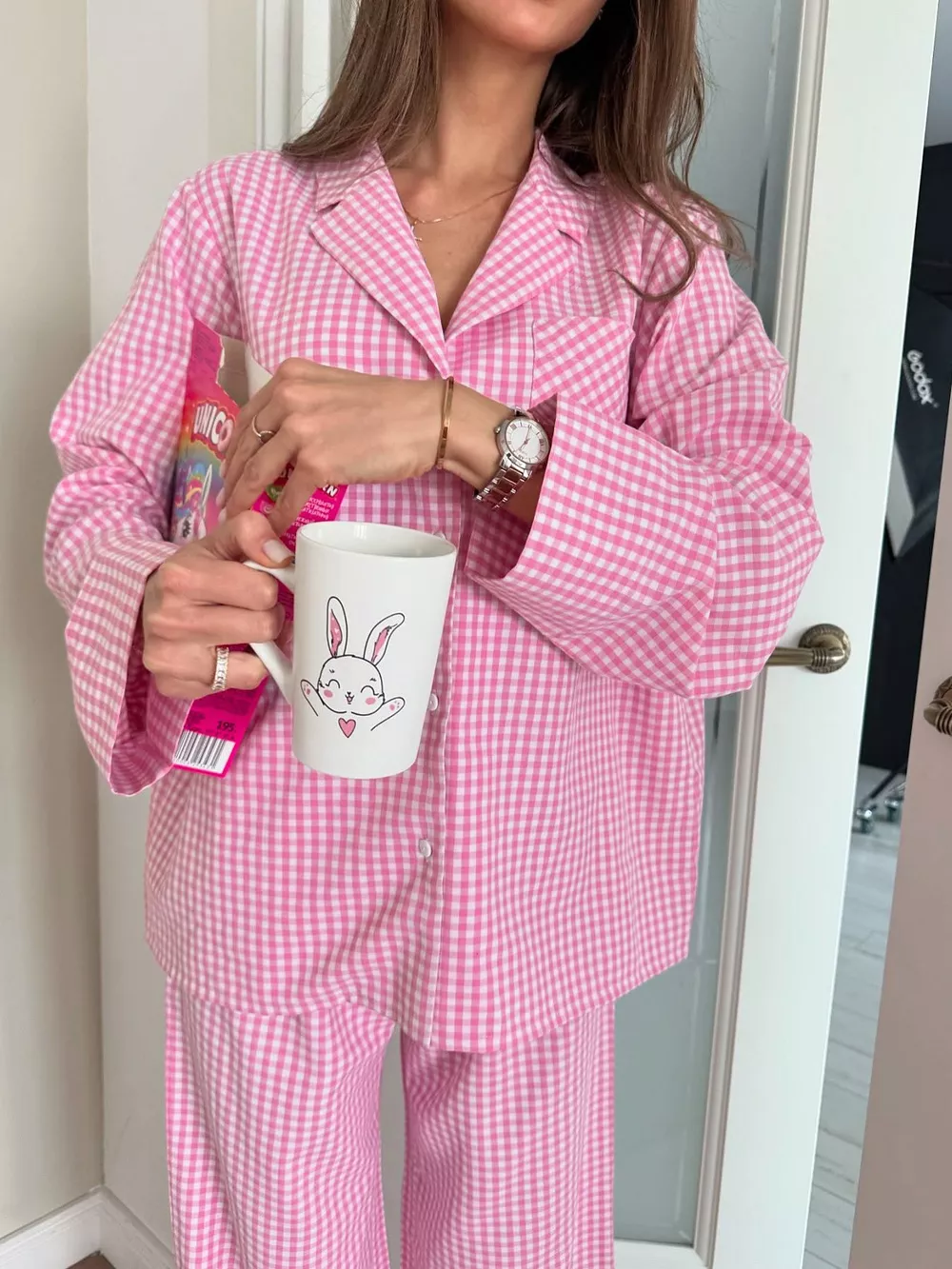 Gingham Button-Down Top and Pants Loungewear Set, image 4