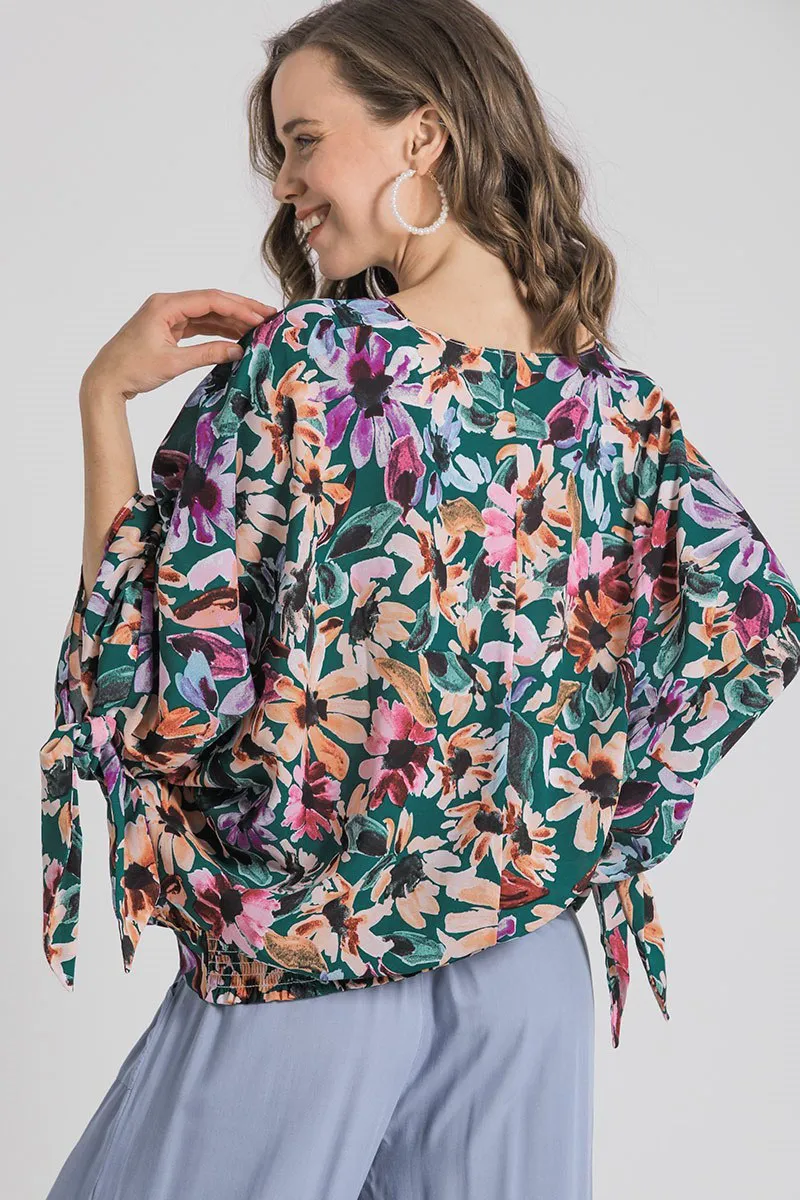 Full Size Floral V-Neck Tie Sleeve Blouse Plus Size, image 3