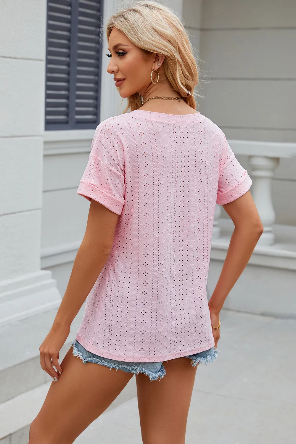 Eyelet V-Neck Short Sleeve T-Shirt, image 3