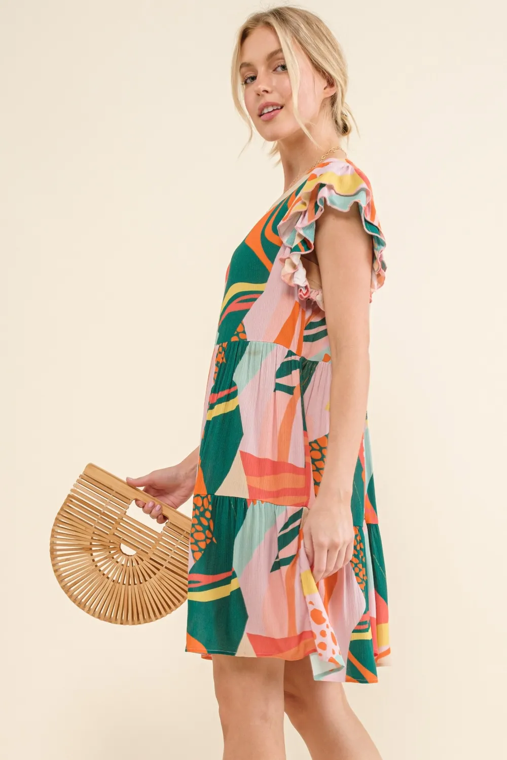 Printed Double Ruffle Sleeve Dress, image 2