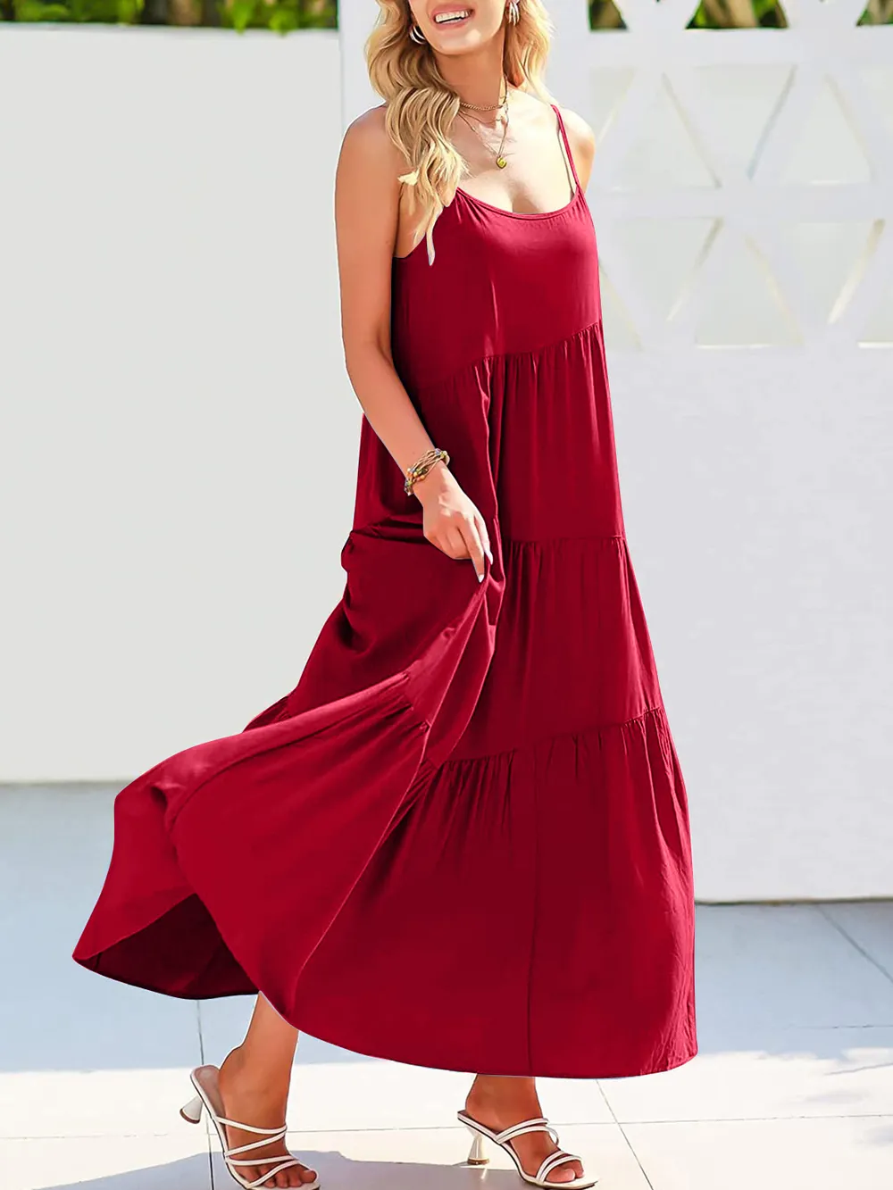 Full Size Ruched Tiered Spaghetti Strap Dress, image 4
