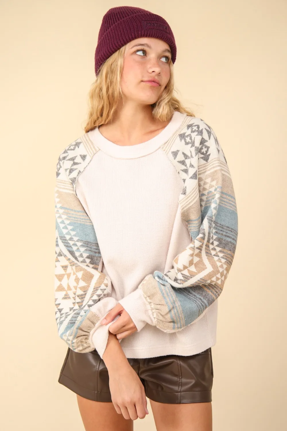 Printed Long Sleeve Round Neck Knit Top, image 4