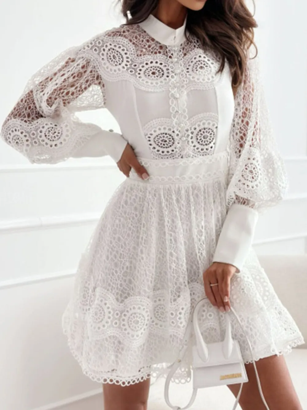 Lace Lantern Sleeve Mini Dress, image 3