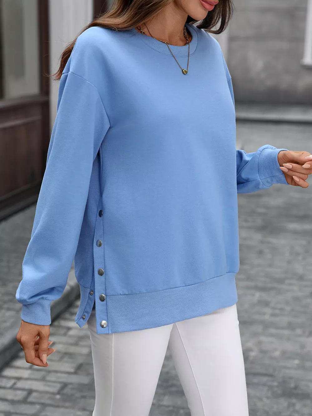 Side Snap Round Neck Sweatshirt, image 6