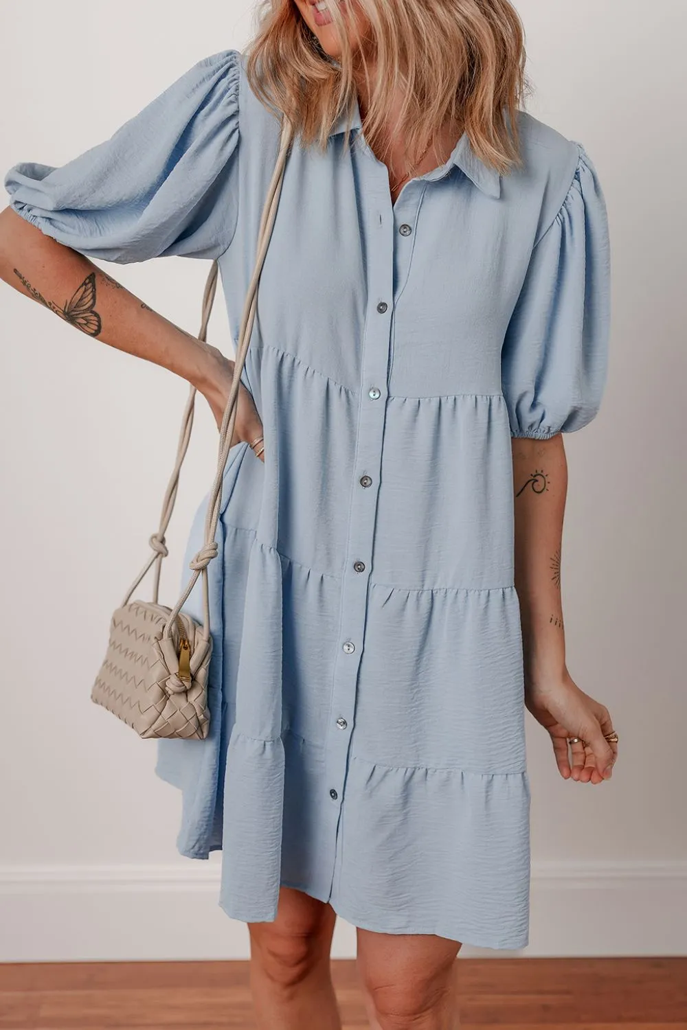Button Up Puff Sleeve Tiered Shirt Dress, image 3