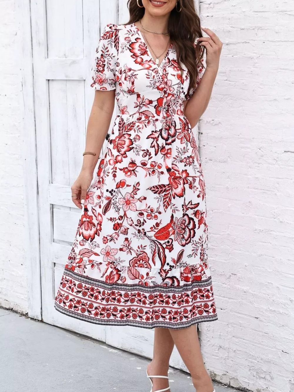 Floral Print Puff Sleeve Wrap Midi Dress, image 17