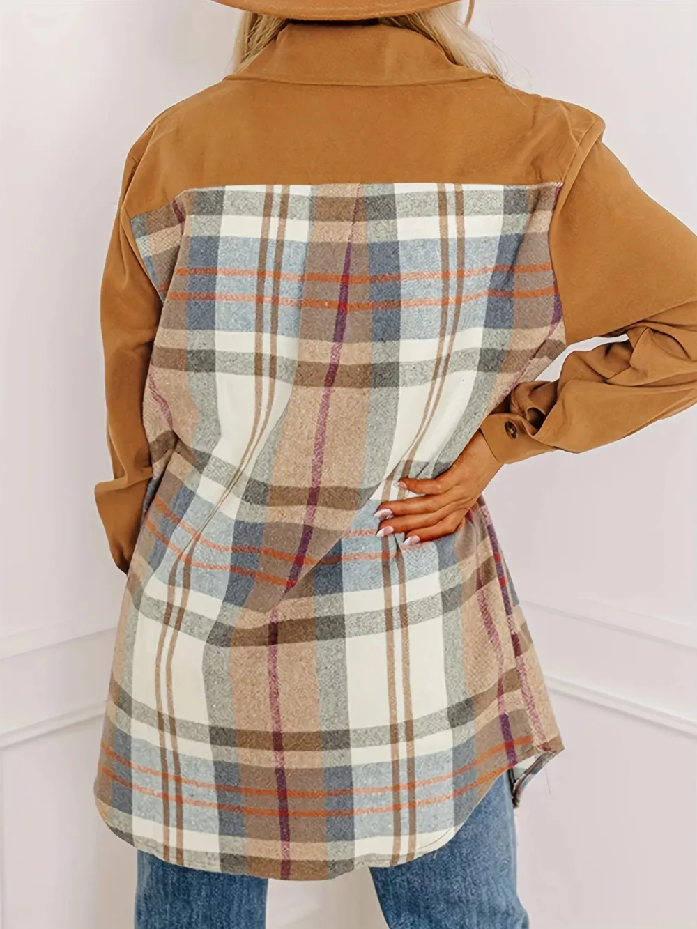 Plaid Collared Neck Long Sleeve Jacket, image 2