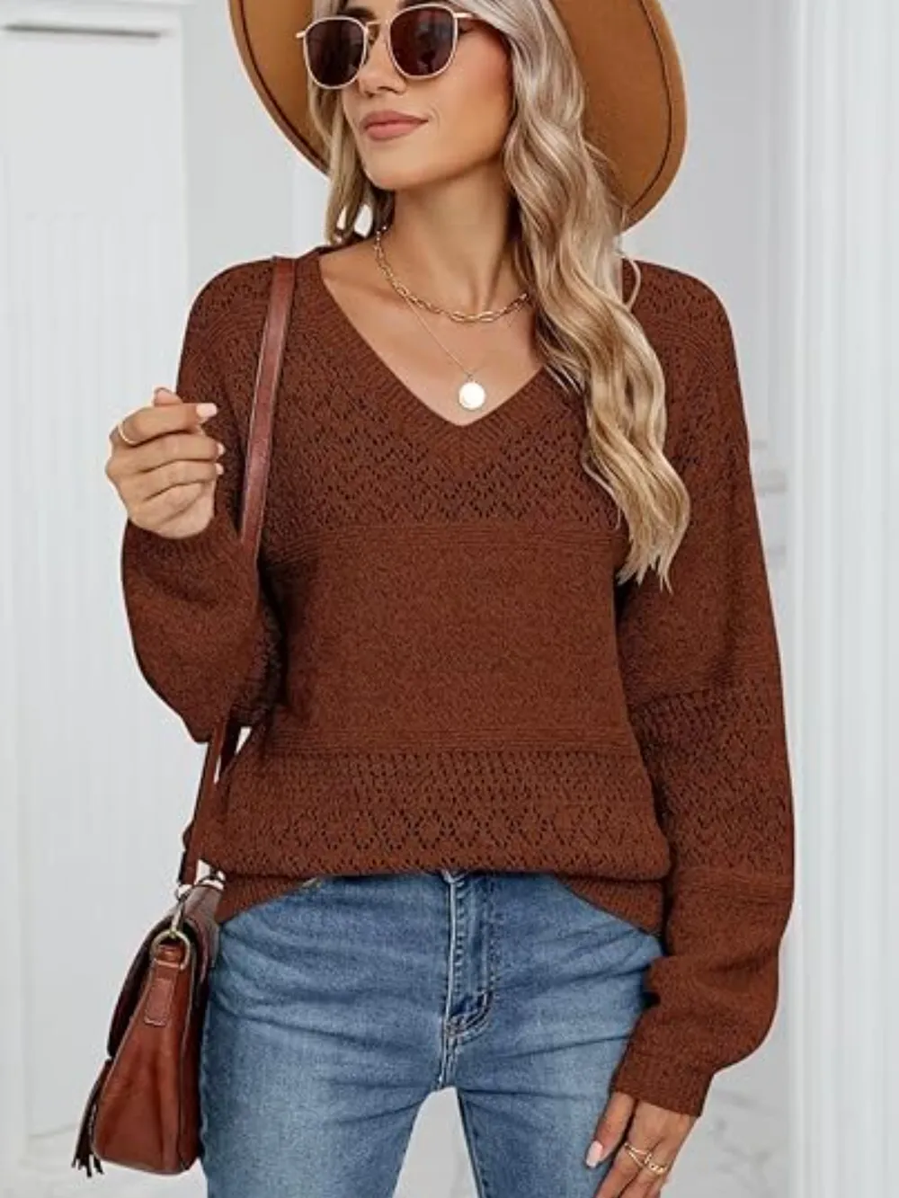Eyelet V-Neck Long Sleeve Sweater, image 11