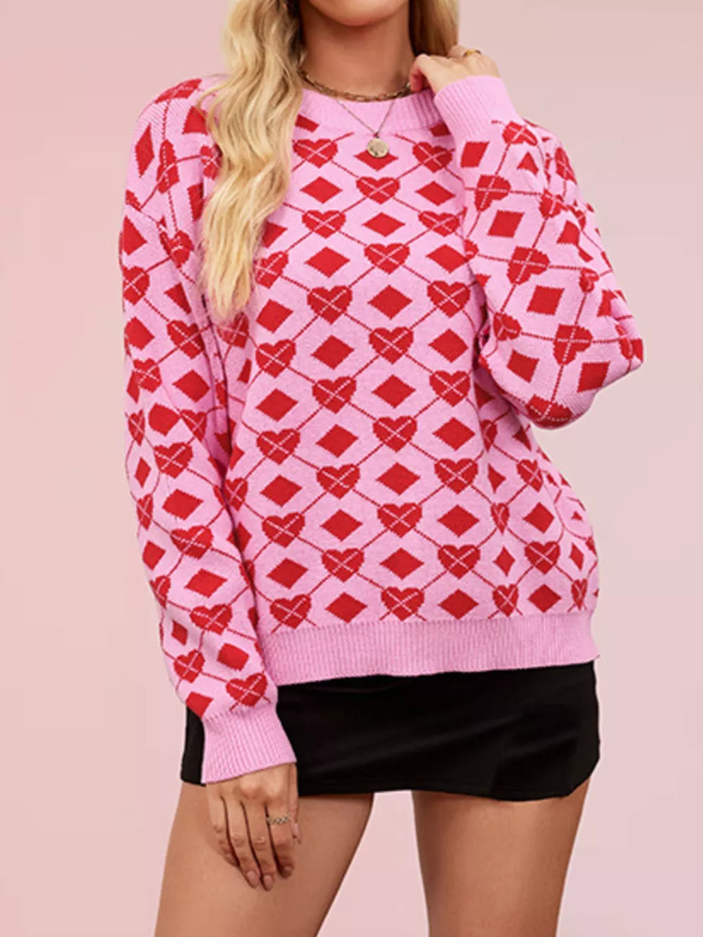 Heart Pattern Argyle Knit Long Sleeve Sweater, image 10