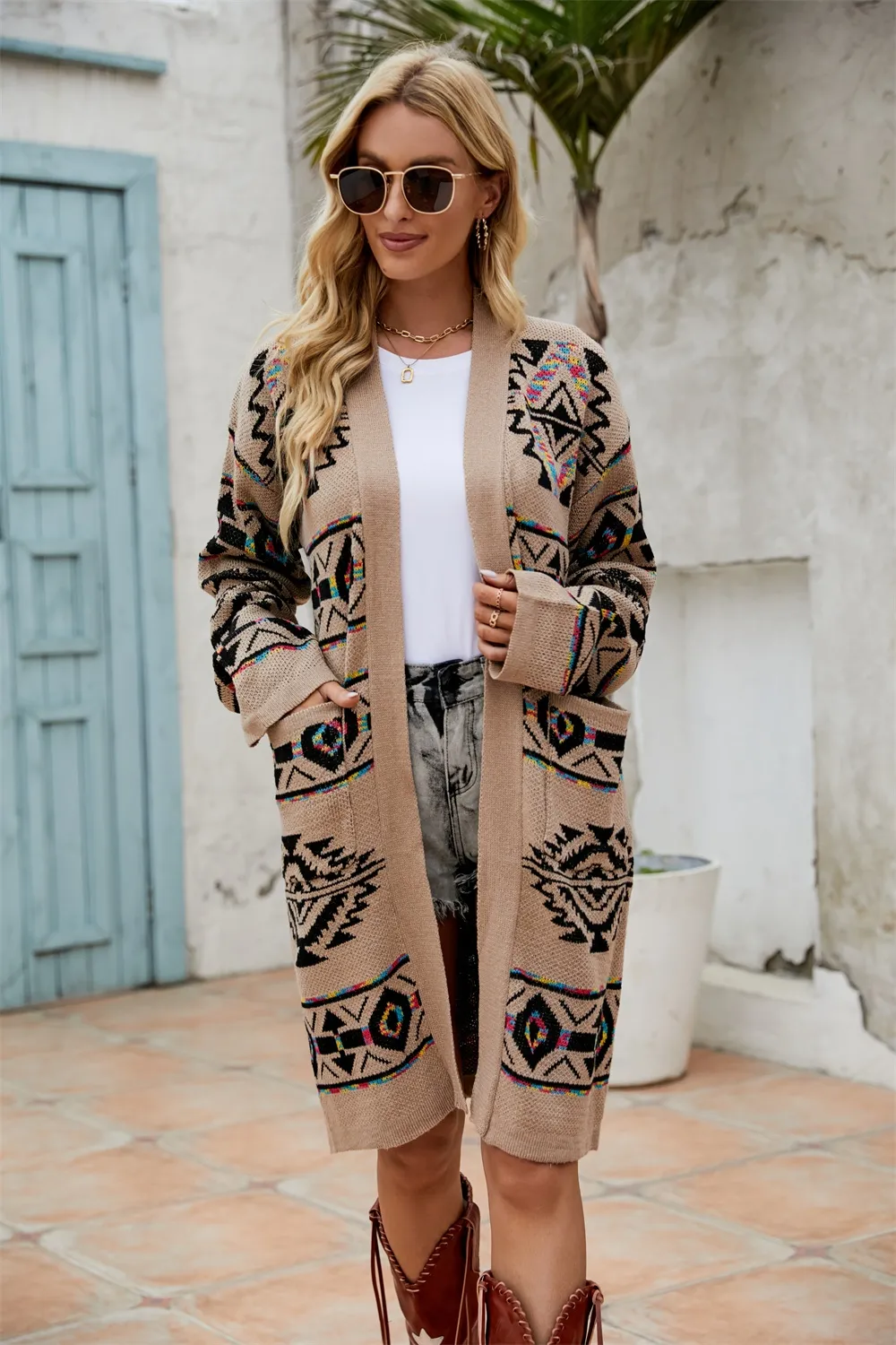 Pocketed Geometric Open Front Dropped Shoulder Cardigan, image 2