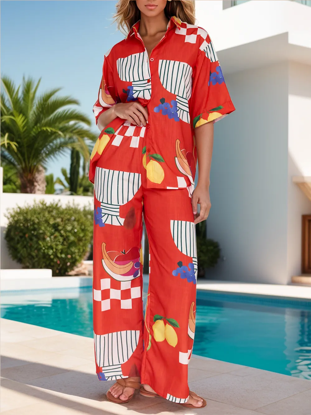 Printed Dropped Shoulder Top and Wide Leg Pants Set, image 2