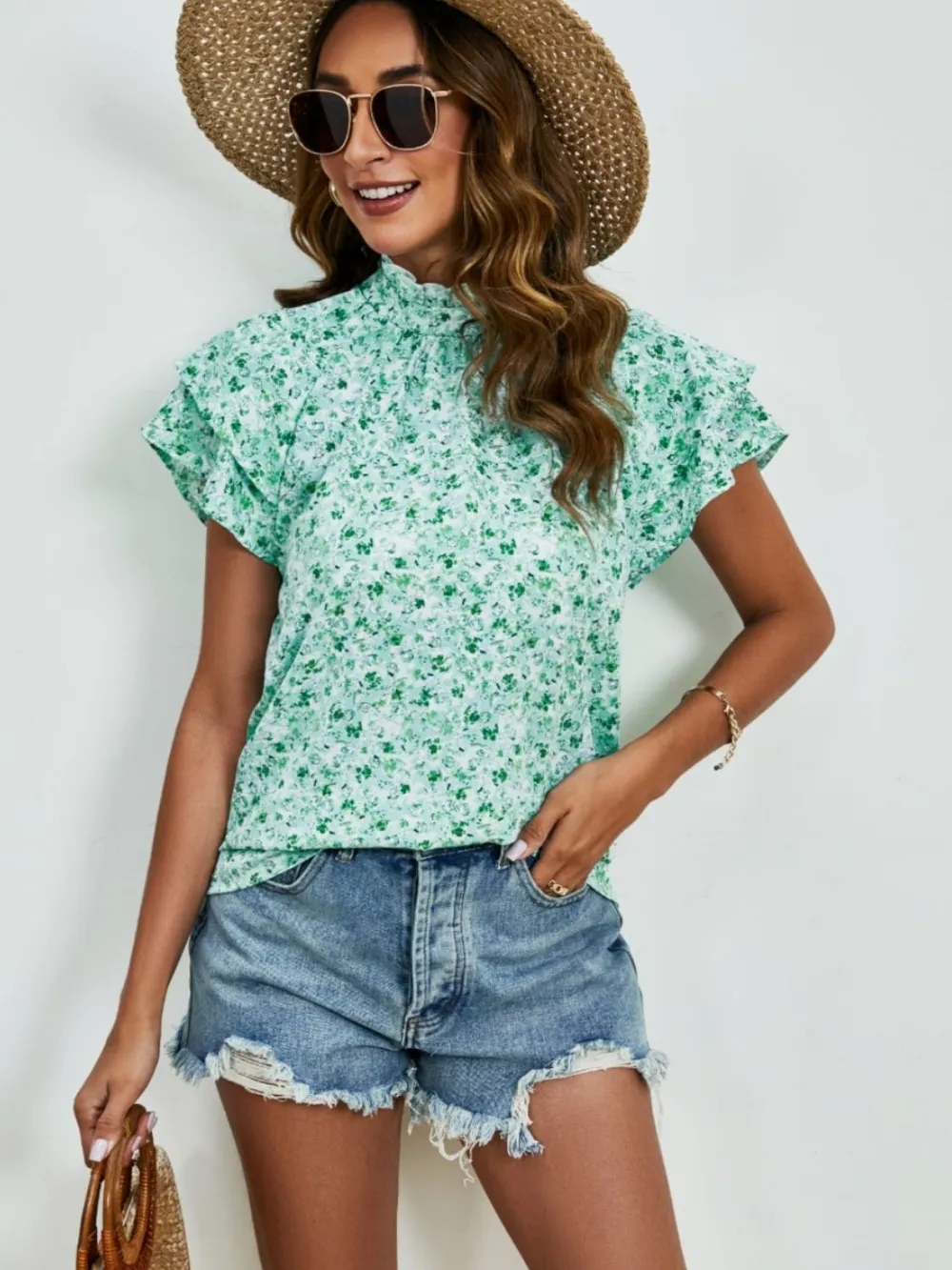 Ditsy Floral Mock Neck Flounce Sleeve Blouse, image 17