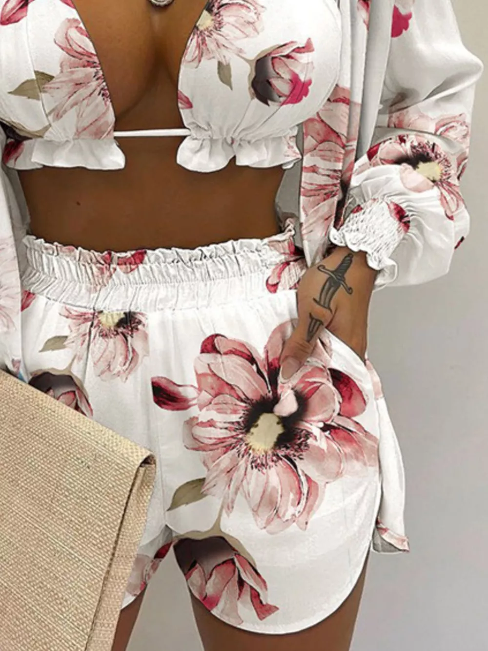 Full Size Halter Neck Cami & Shirt & Shorts 3-Piece Outfit Set Plus Size, image 4