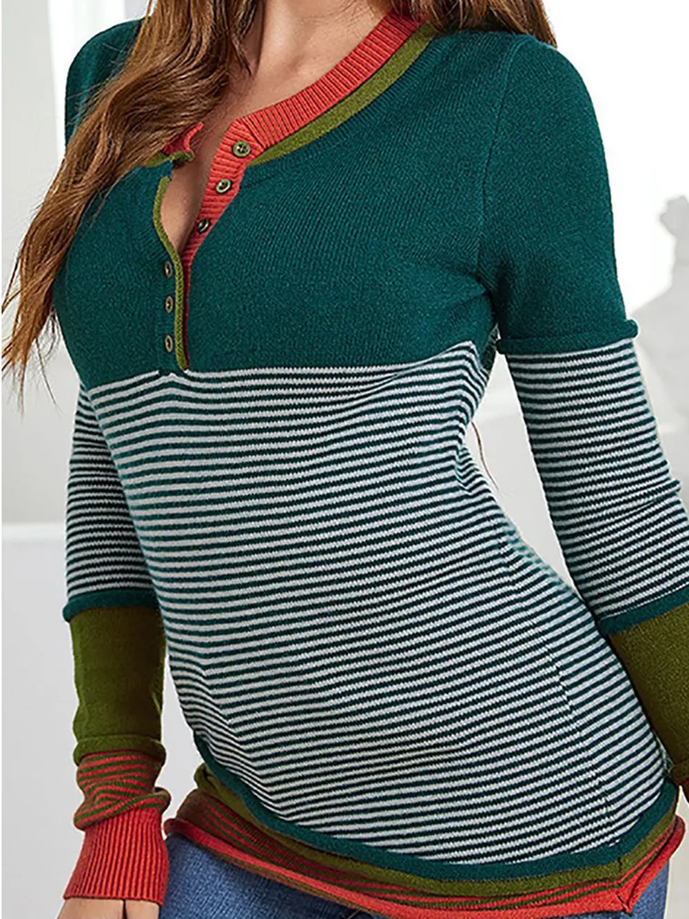 Striped Contrast Notched Long Sleeve Sweater, image 2