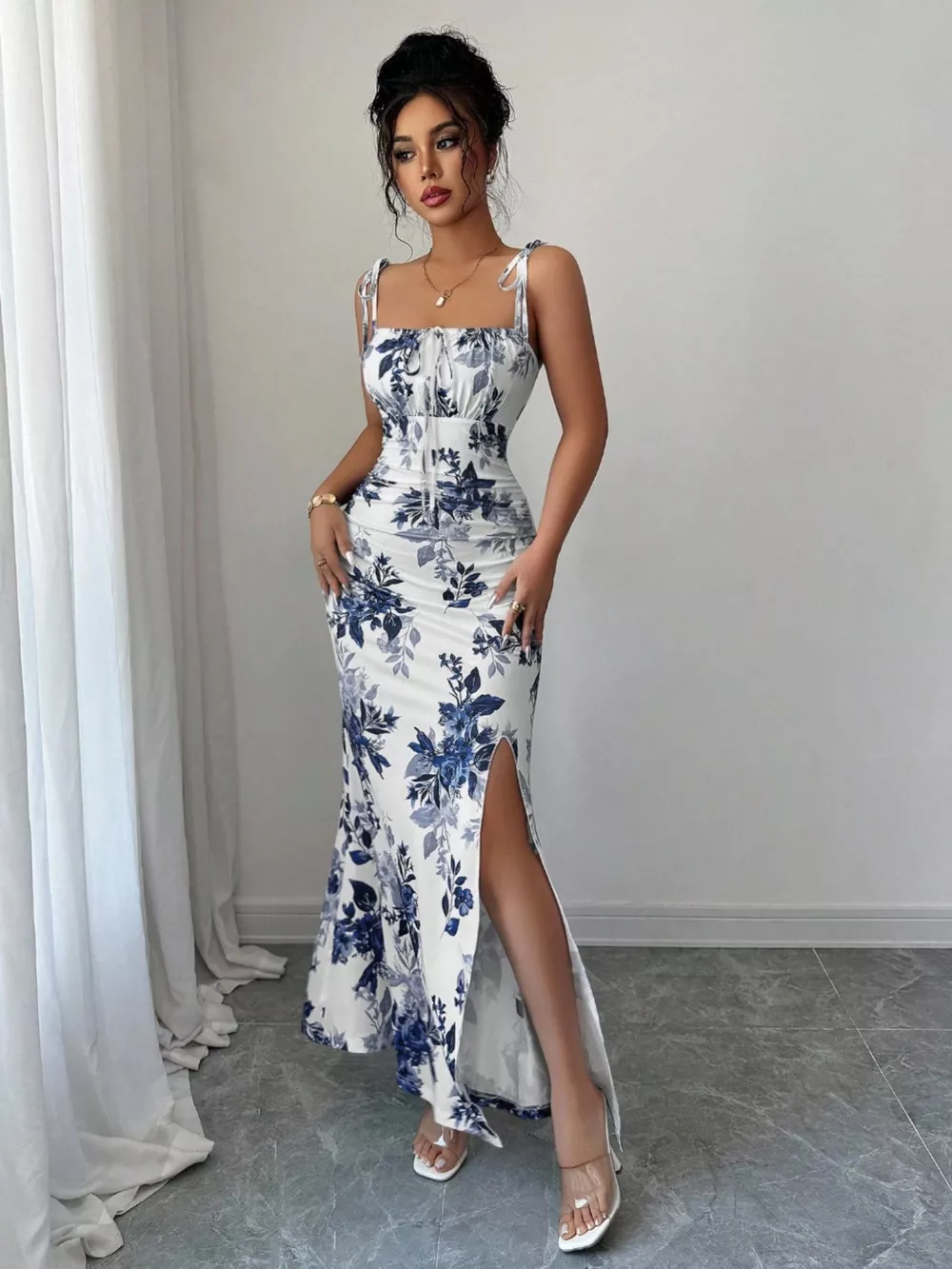 Printed Tie Strap Slit Maxi Dress, image 17
