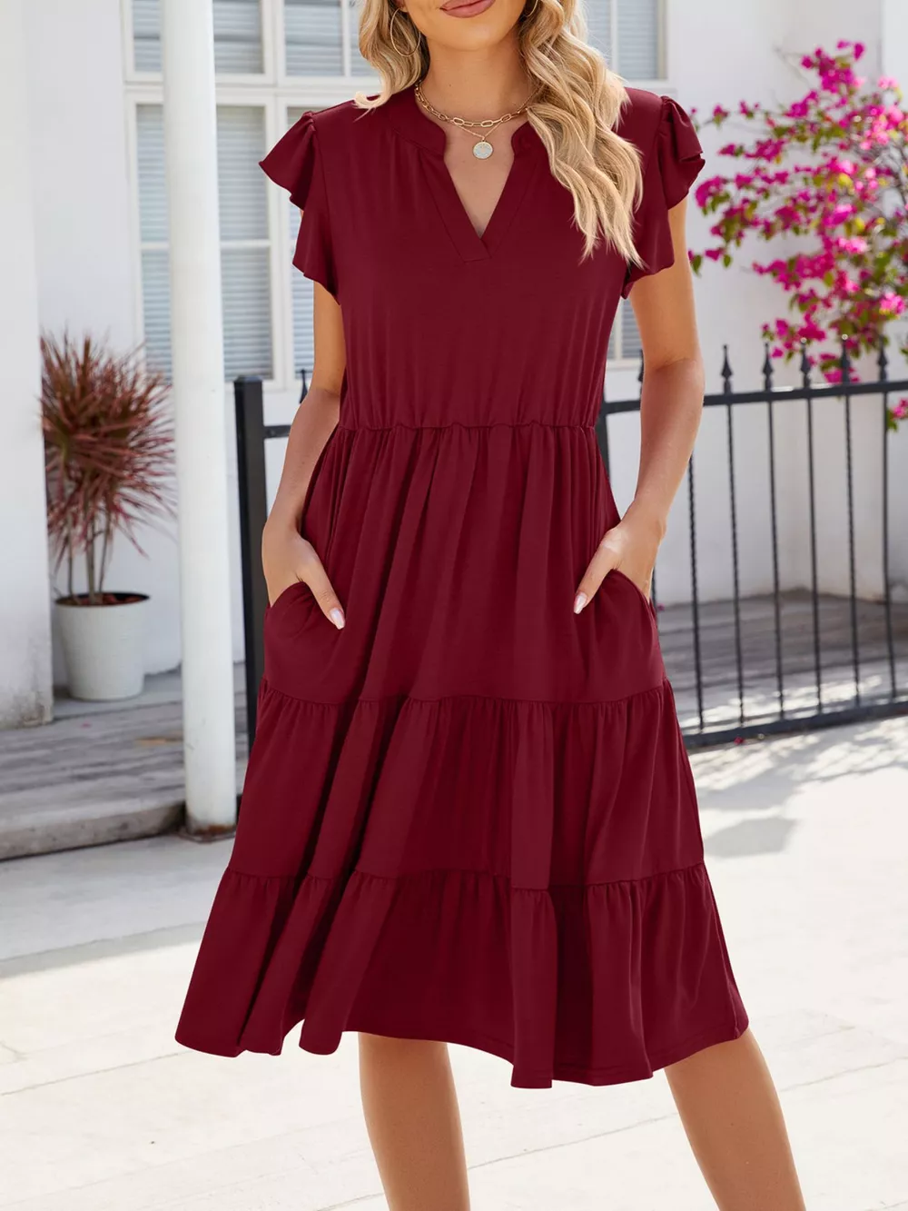Ruffled Notched Tiered Midi Dress, image 5