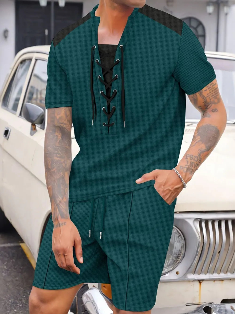 Men's Full Size Lace-Up Waffle Knit Top and Shorts Set Plus Size, image 3