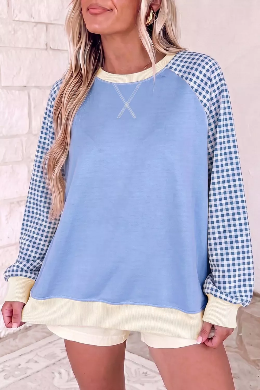 Plaid Raglan Sleeve Round Neck Sweatshirt