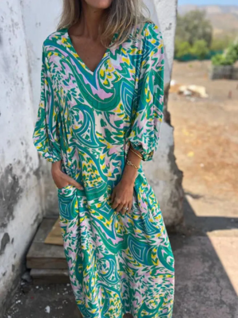 Full Size Printed V-Neck Dress with Pockets Plus Size, image 9