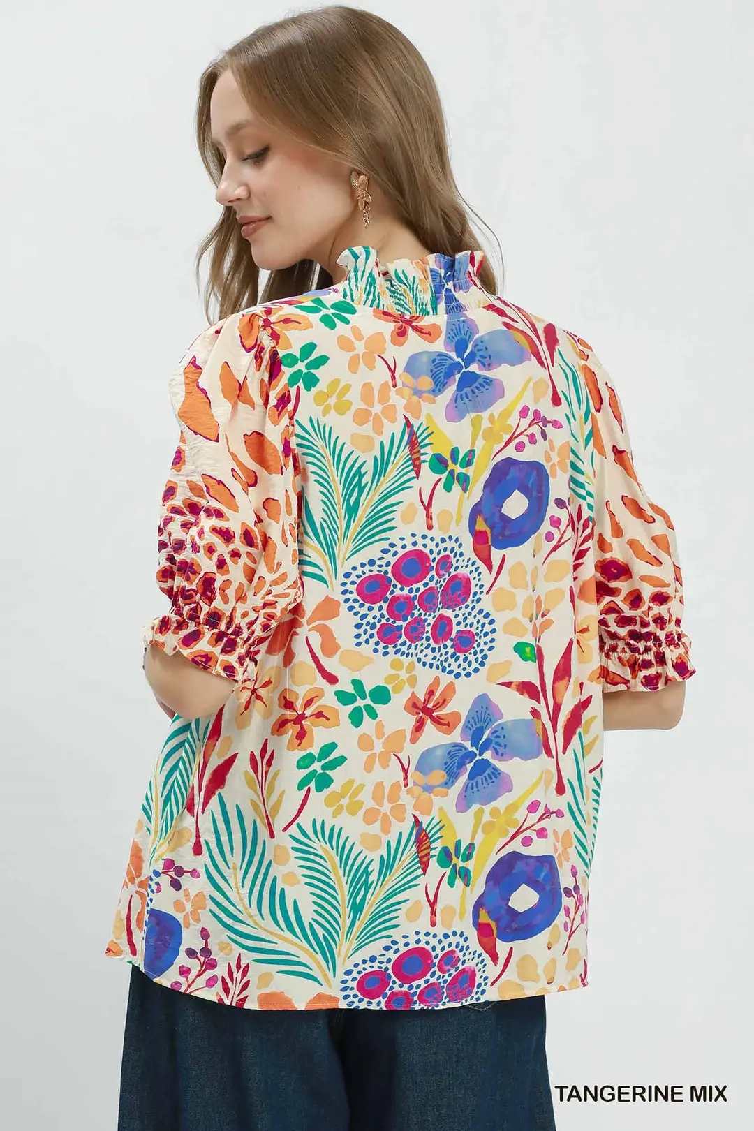 V-Neck Ruffle Trim Puff Sleeve Top, image 3