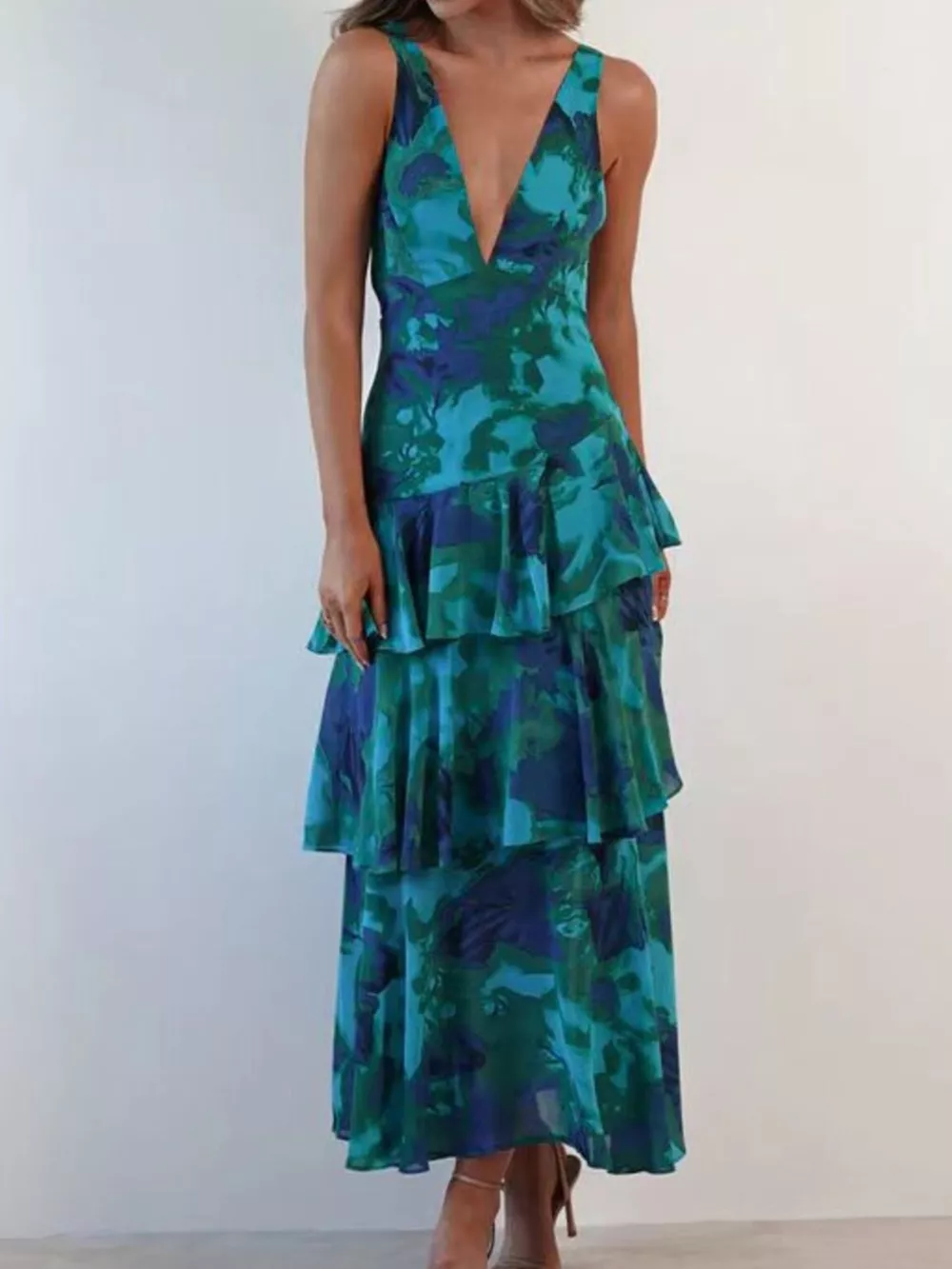V-Neck Sleeveless Floral Print Layered Ruffle Maxi Dress, image 4