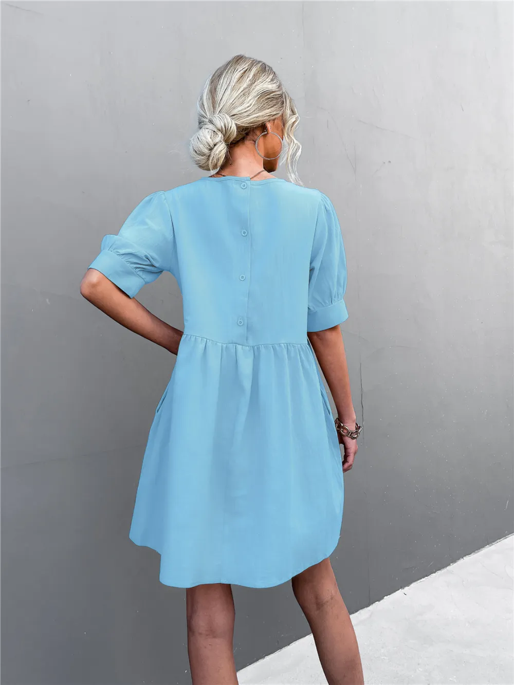 Round Neck Puff Sleeve Mini Dress, image 4