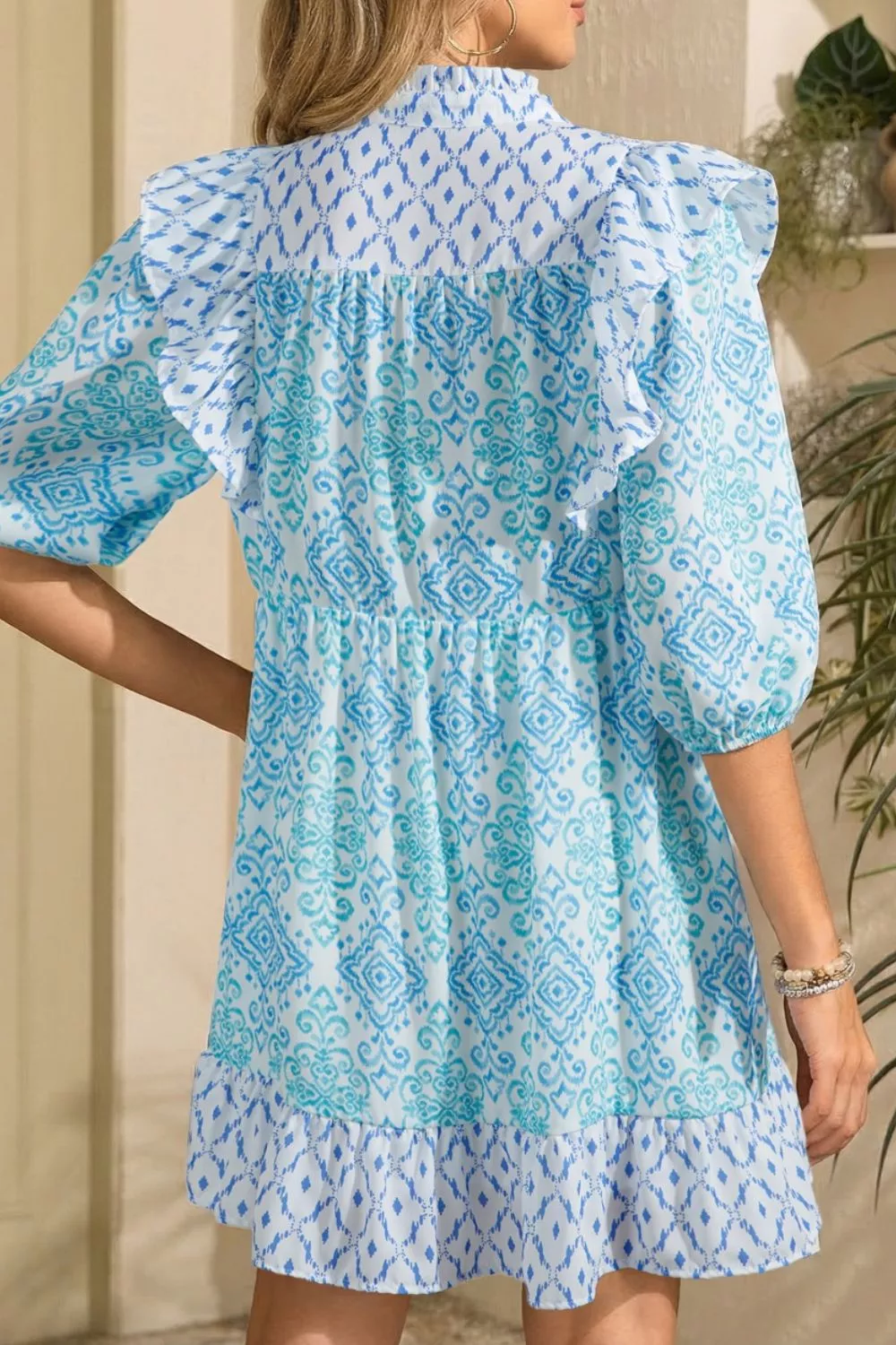 Floral Geometric Patchwork Ruffle Detail Puff Sleeve Mini Dress, image 2