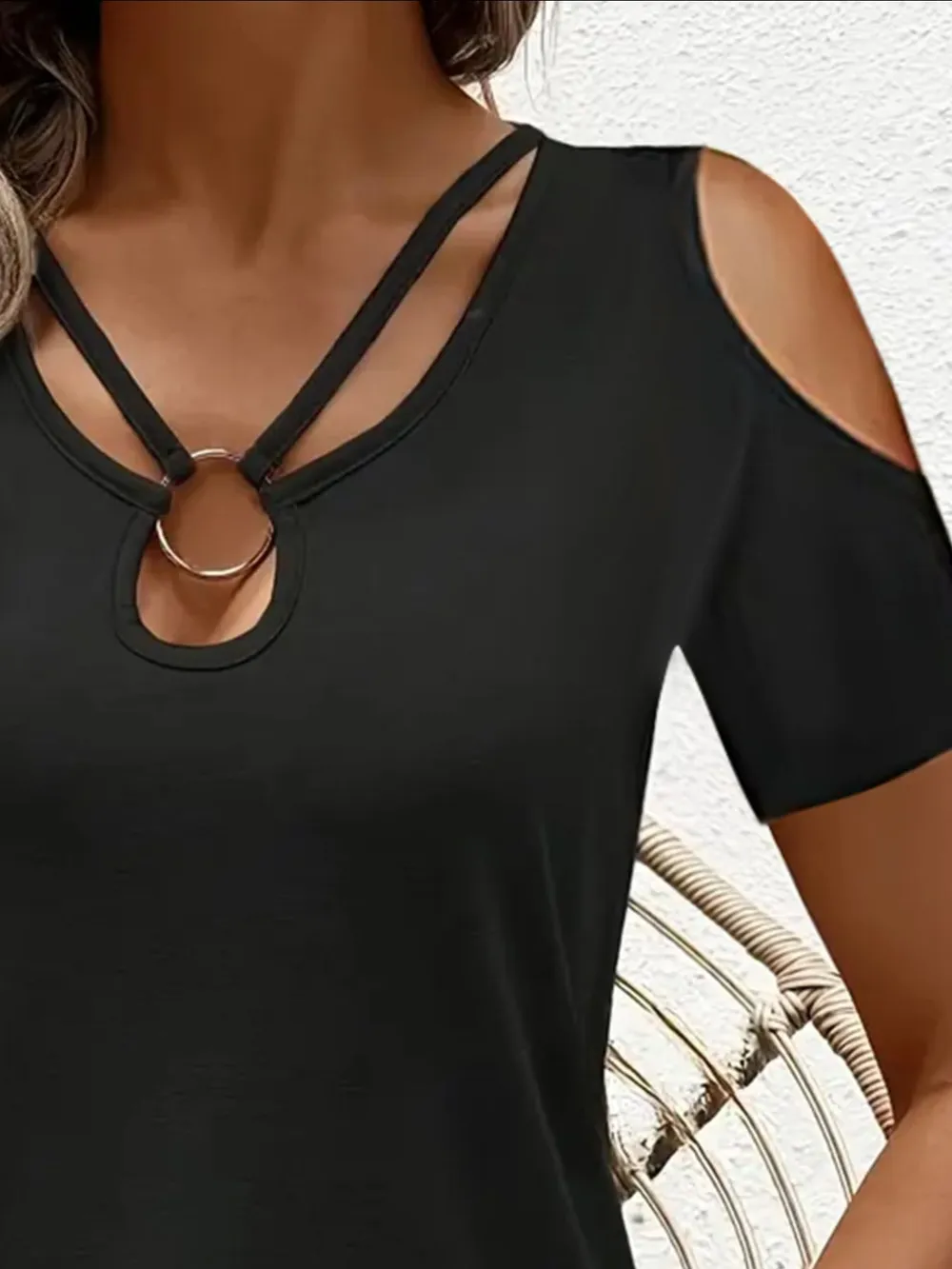 Cold Shoulder T-Shirt with Metal Ring Detail, image 3