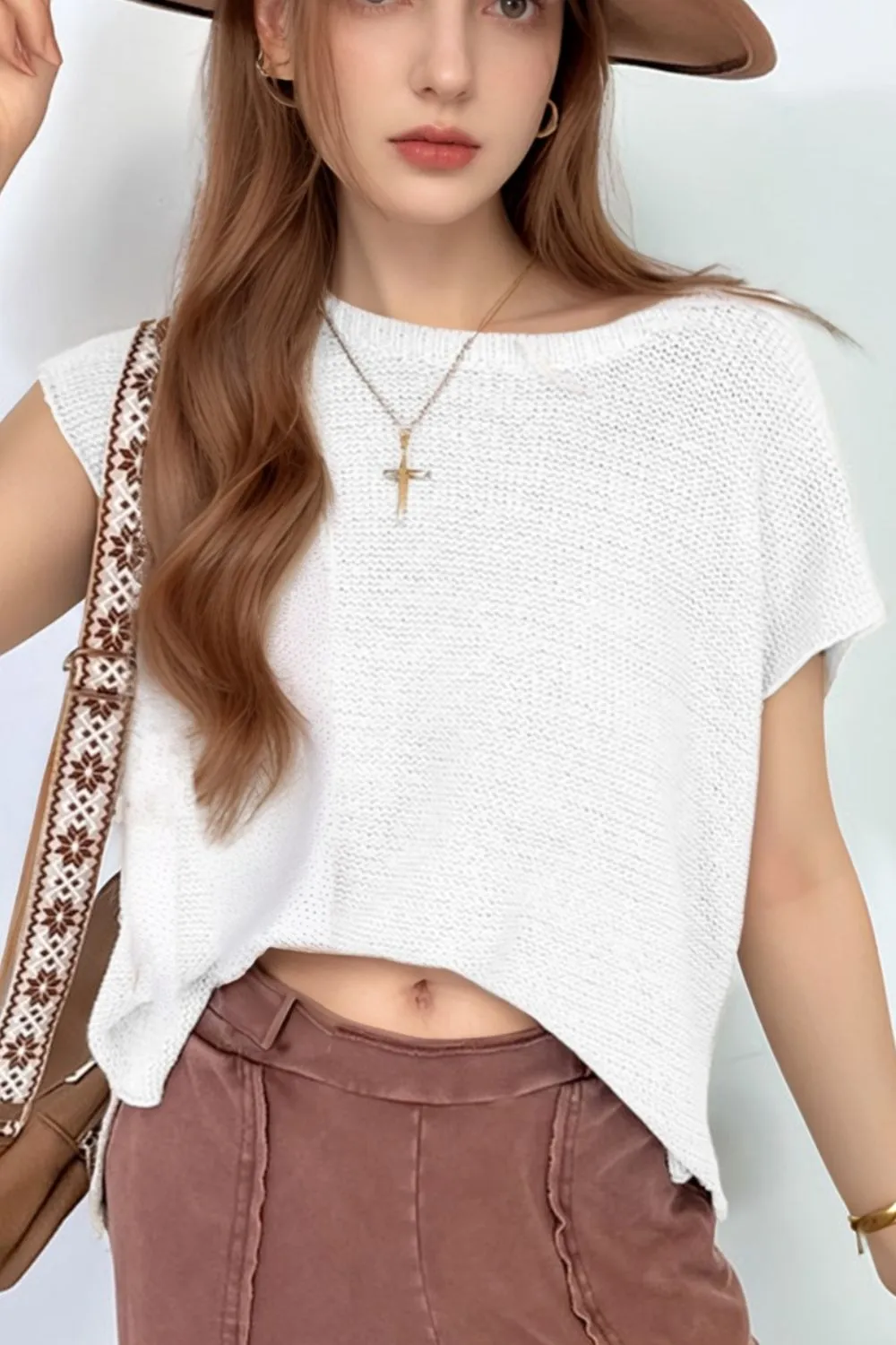 Side Slit Round Neck Knit Top, image 2
