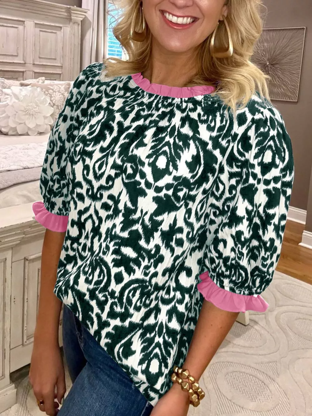 Damask Print Ruffled Color Block Detail Half Sleeve Blouse, image 3