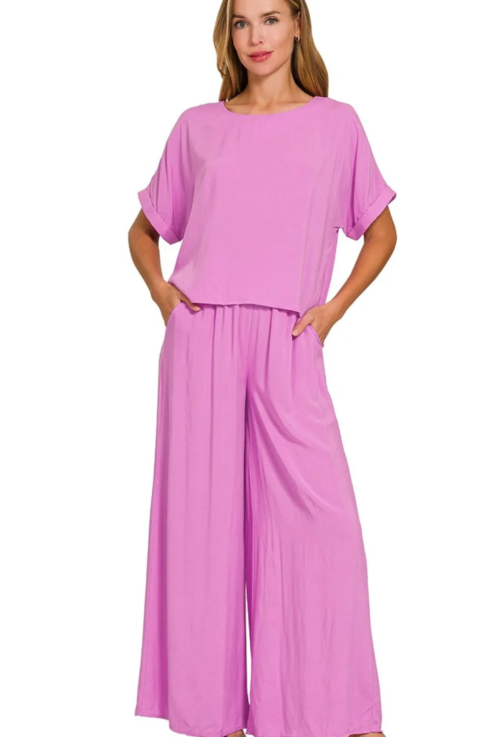 Round Neck T-Shirt and Wide Leg Pants Set