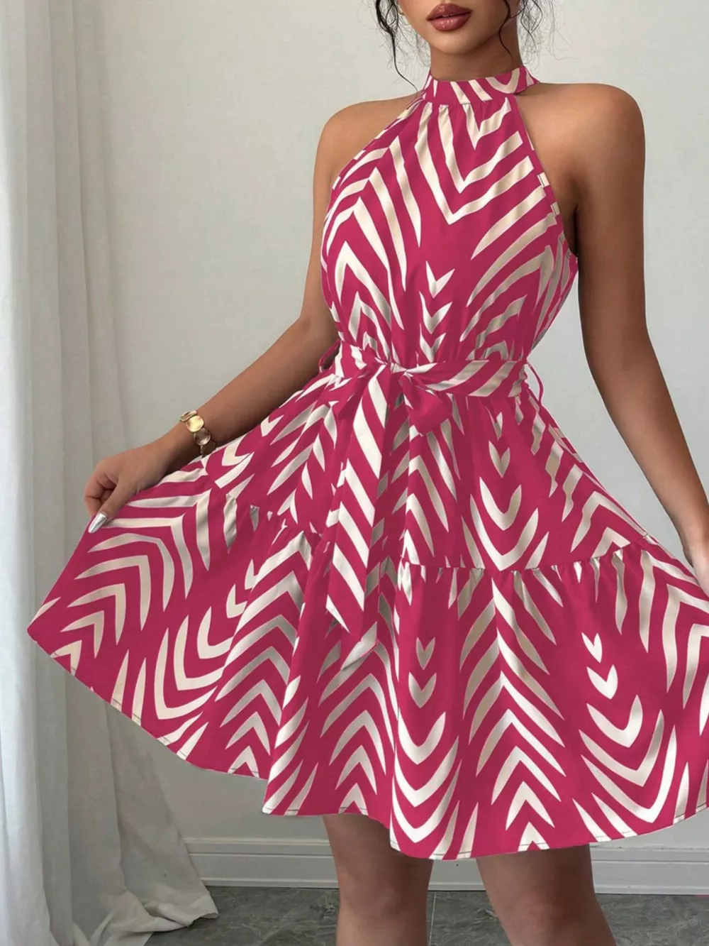 Zebra Print Halter Neck Tie Waist Ruffle Hem Dress, image 9