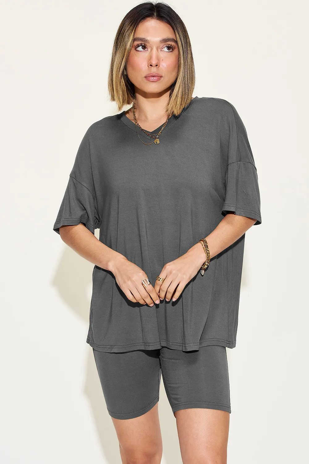 Full Size V-Neck Drop Shoulder T-Shirt and Shorts Set, image 6