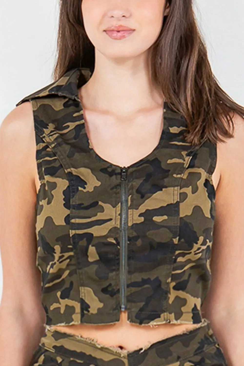 Zip Up Camo Crop Denim Vest, image 3