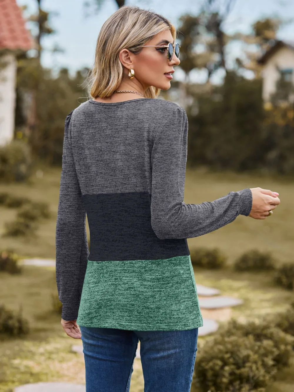 Color Block Square Neck Long Sleeve T-Shirt, image 11