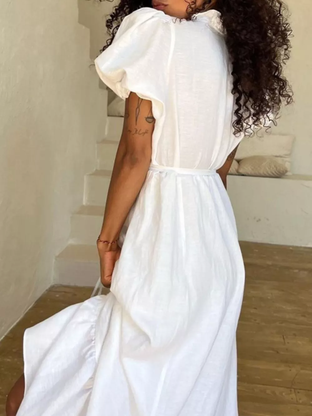 Tie Waist Puff Sleeve Maxi Dress, image 3
