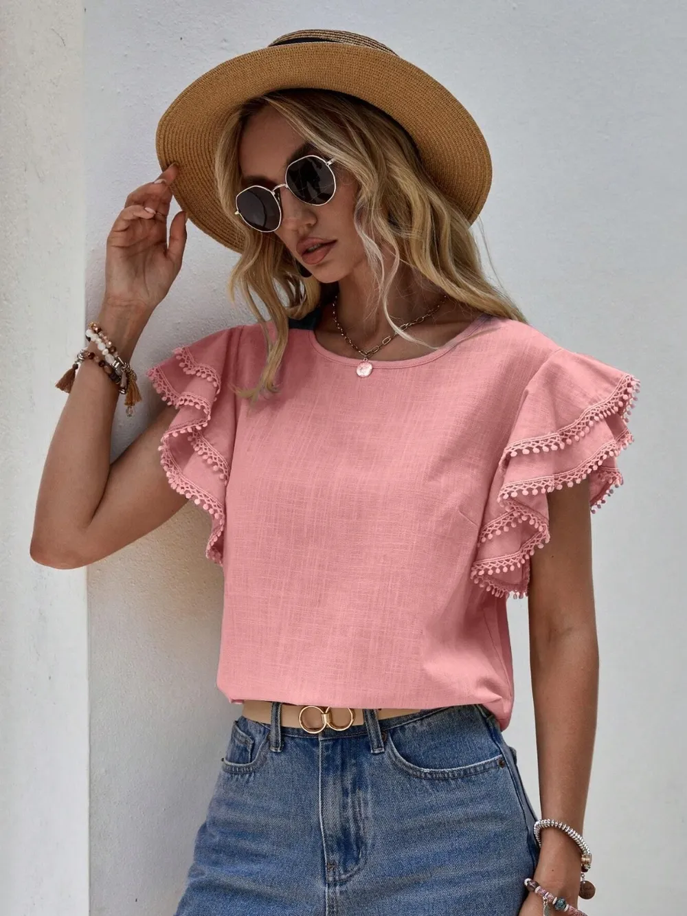 Ruffled Cap Sleeve Round Neck Blouse, image 5