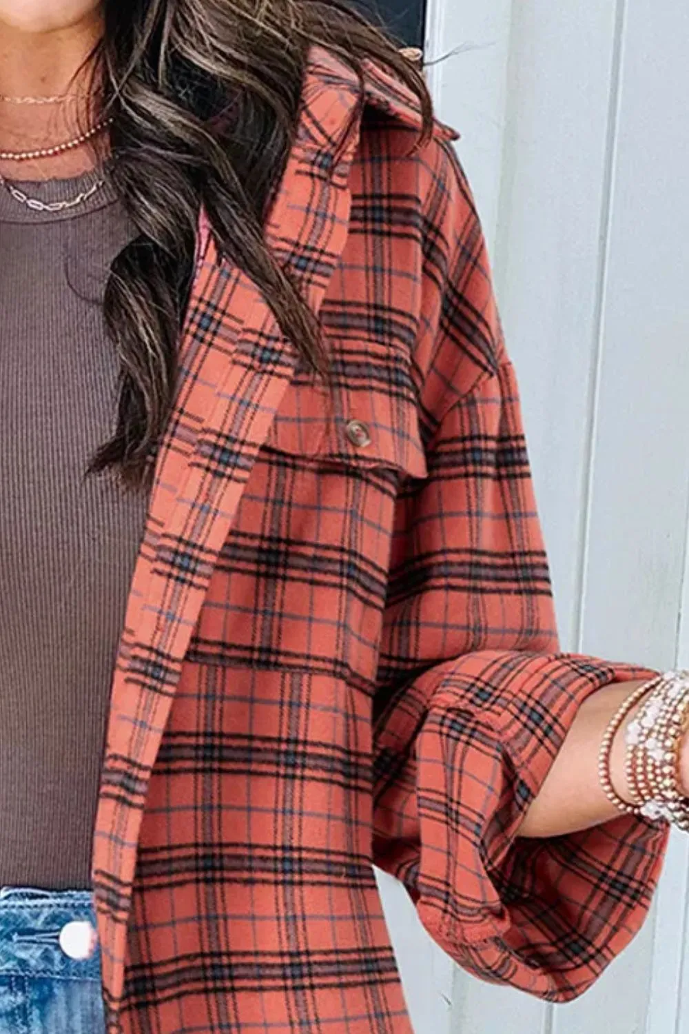 Full Size Plaid Collared Neck Long Sleeve Shirt, image 2