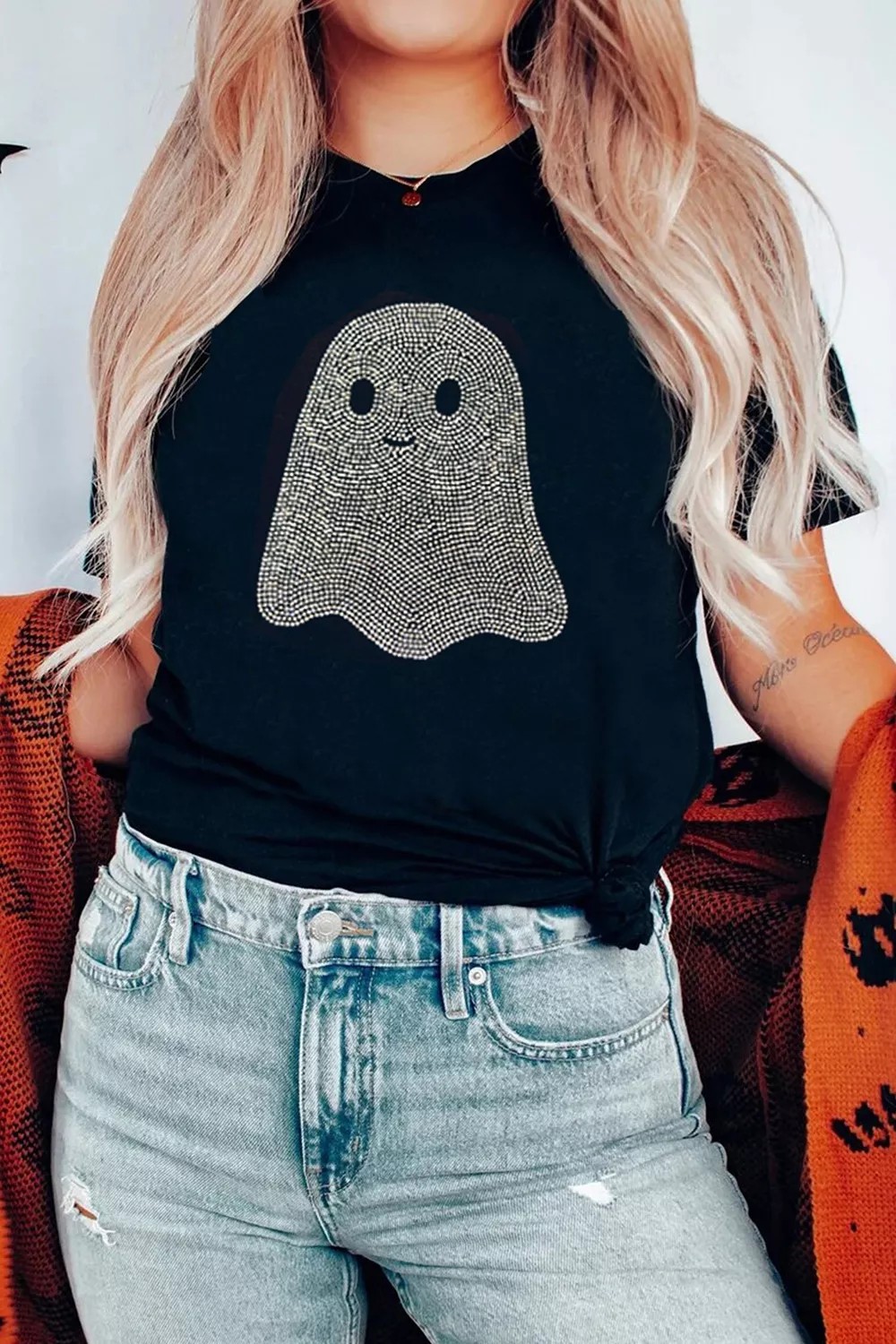Full Size Rhinestone Ghost Round Neck T-Shirt Plus Size, image 3