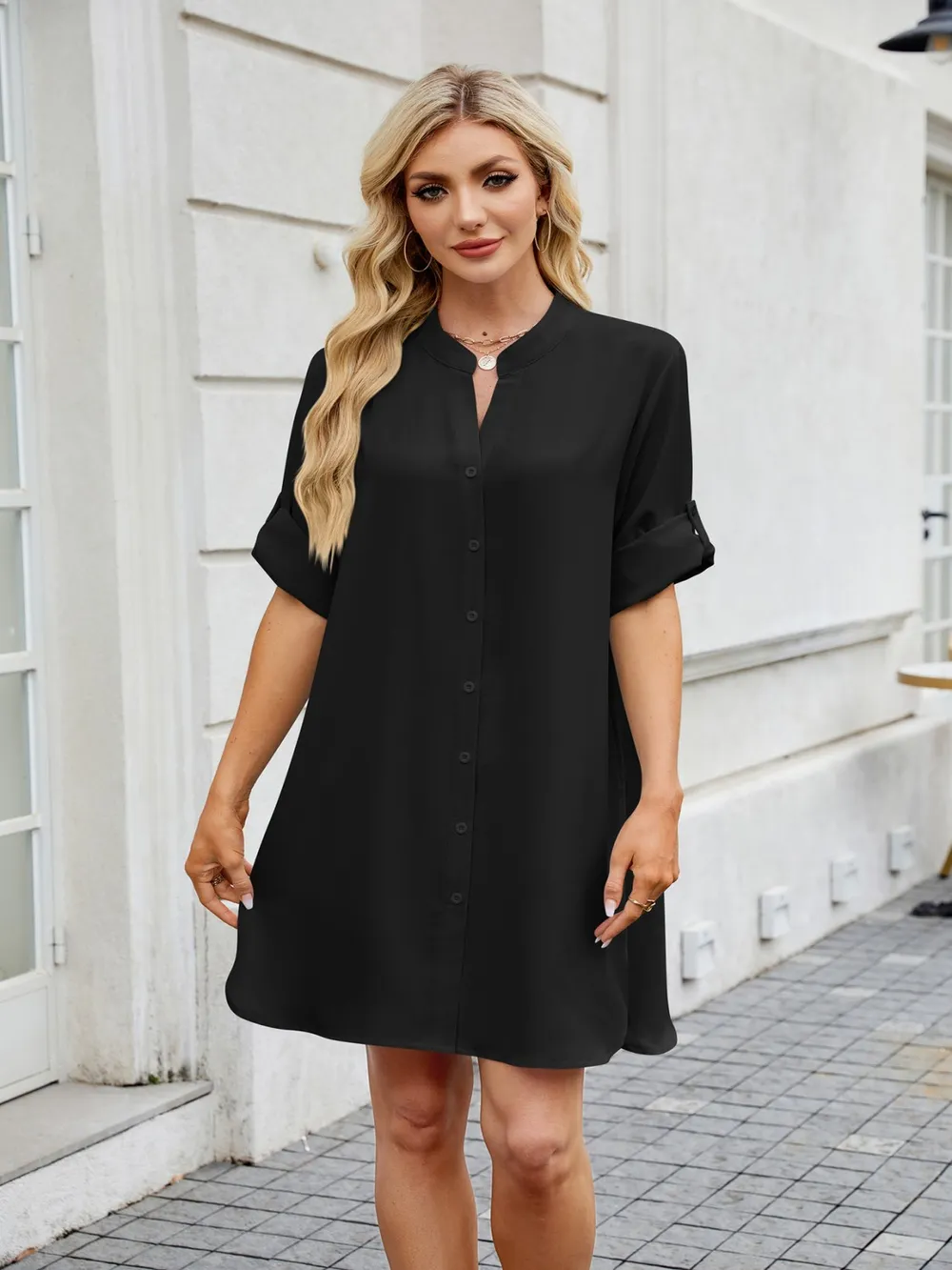 Notched Long Sleeve Mini Shirt Dress, image 9