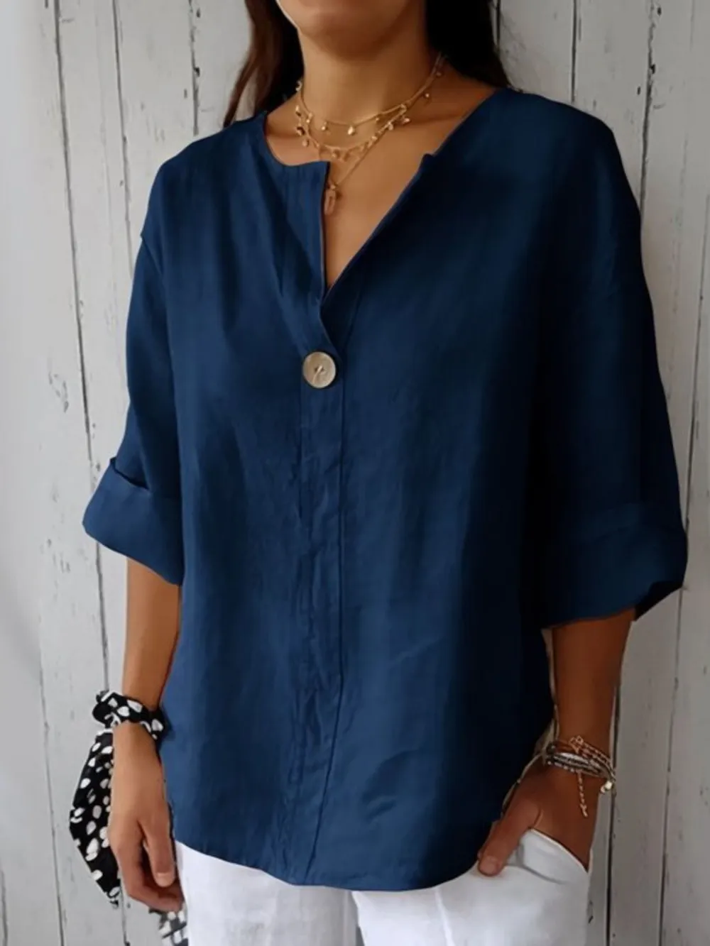Full Size Linen Blend Notched Blouse Plus Size, image 4