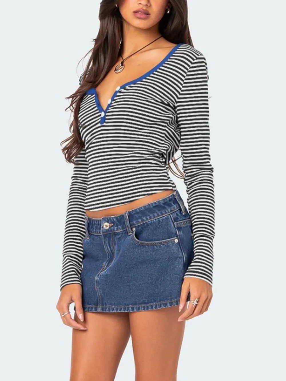 Buttoned Striped Long Sleeve T-Shirt, image 6