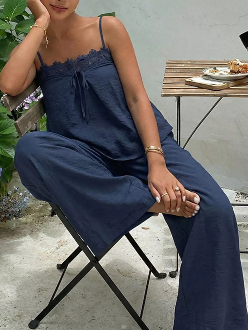 Lace Trim Cami and Wide-Leg Pants Set, image 4