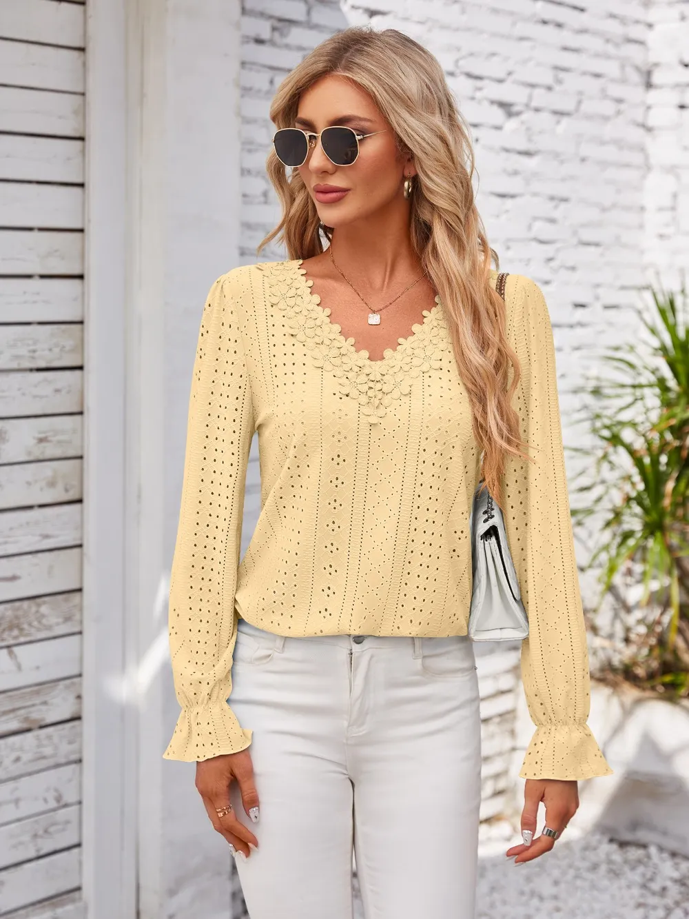 Applique V-Neck Flounce Sleeve T-Shirt, image 11