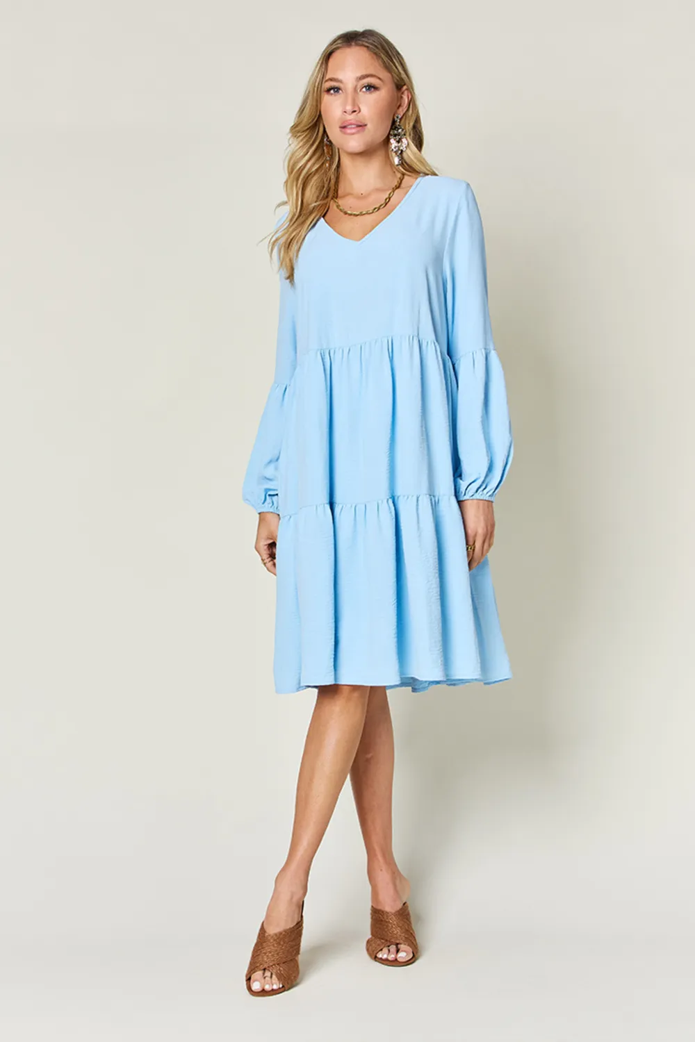 Full Size V-Neck Balloon Sleeve Tiered Dress with Pockets, image 4