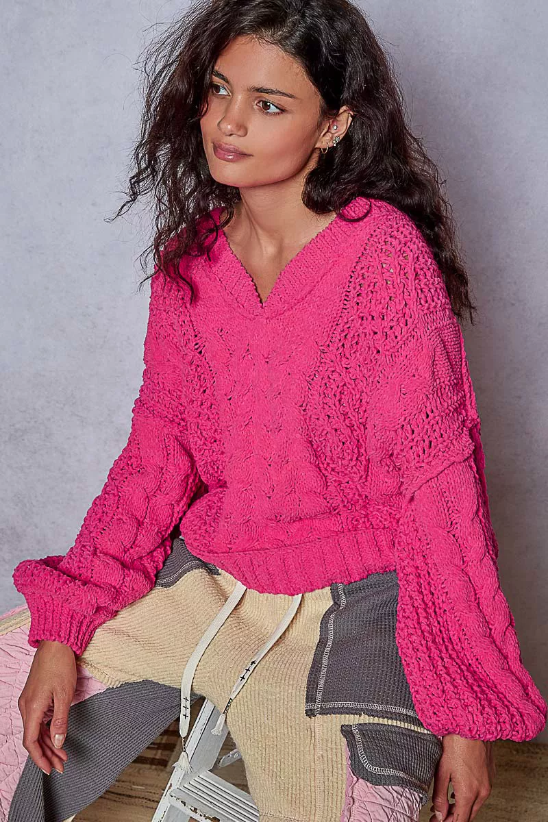 Cable-Knit Solid V-Neck Cropped Sweater, image 11
