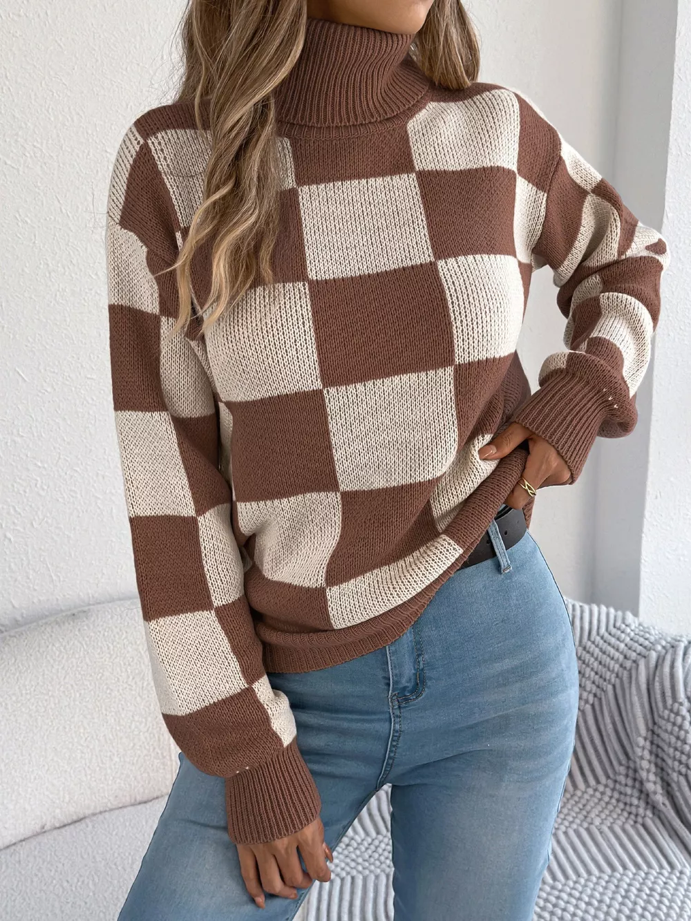 Checkered Turtleneck Long Sleeve Sweater, image 12